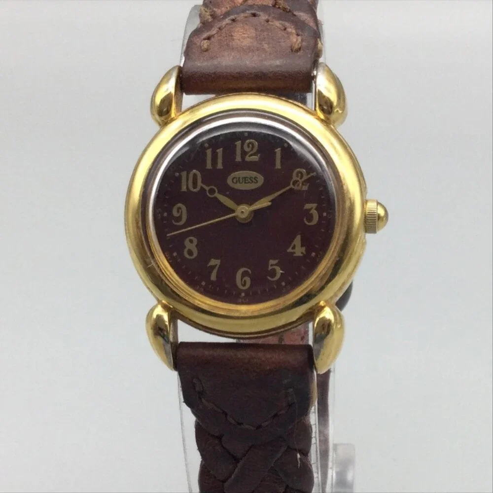 Vintage Guess Womens Watch 24mm Brown Dial Gold Tone Braided Leather New Battery